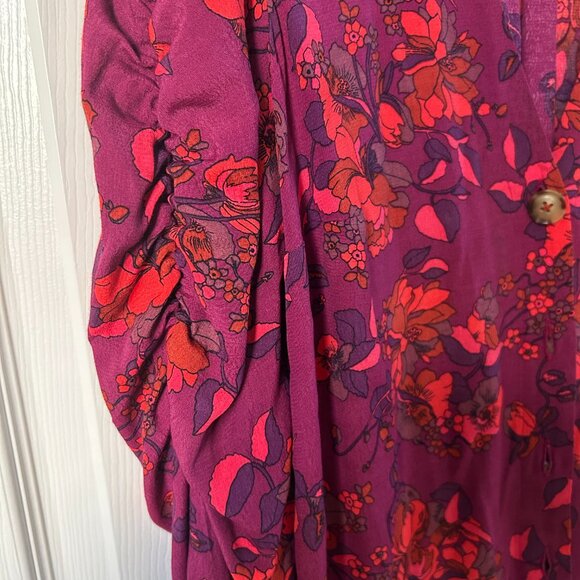 Maeve by Anthropologie Jourdain Runa Floral Blouse SZM Pink Multi Ruched Arm - Picture 7 of 10